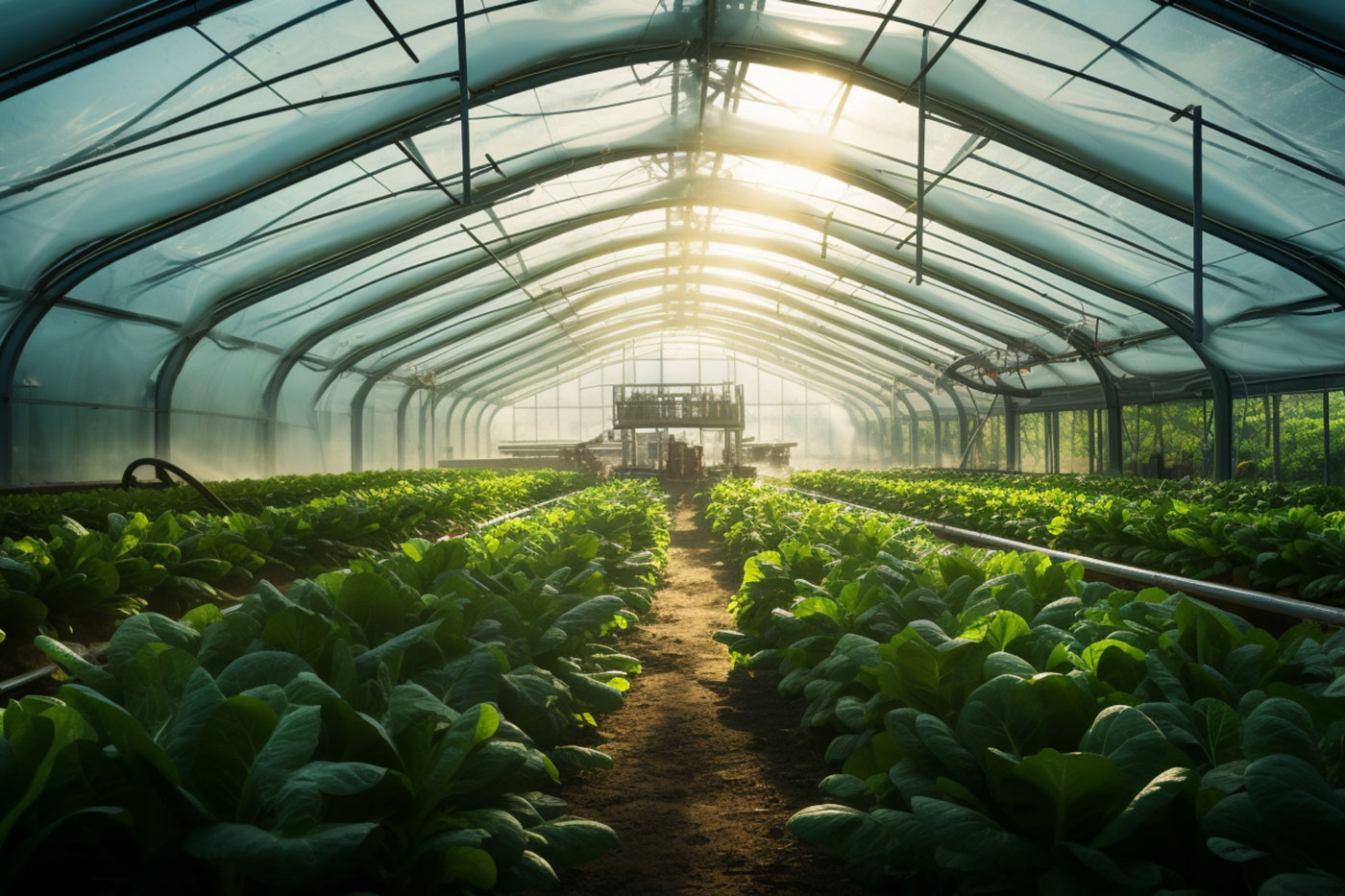 inside of greenhouse with rows of lettuce